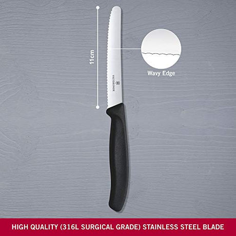 Victorinox Paring Knife With Ultra-Sharp Wavy Edge - Swiss Classic Tomato & Sausage Knife - Black - Blade 11 Cm