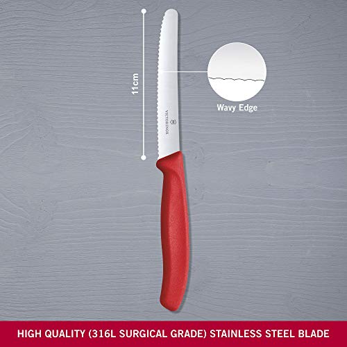 Victorinox Paring Knife With Ultra-Sharp Wavy Edge - Swiss Classic Tomato &Amp; Sausage Knife - Red - Blade 11 Cm