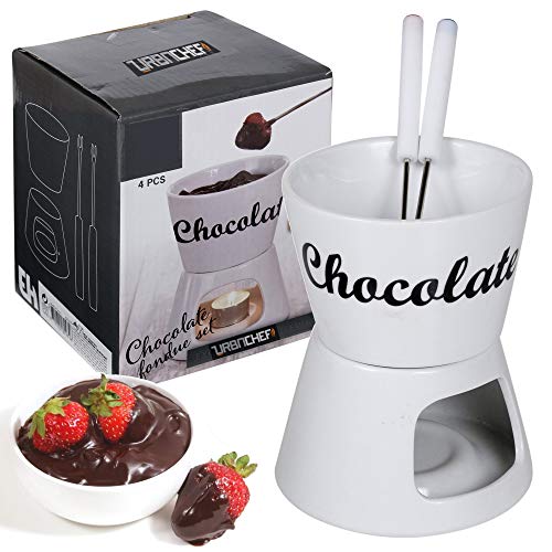 Chocolate Fondue Set Of 4 Pieces, Ceramic Bowl Melting Pot, Tea Light Heated, 2 Forks