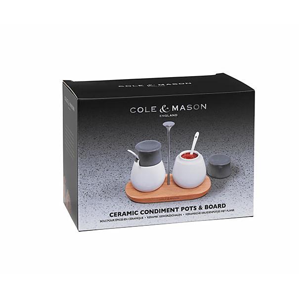 Cole & Mason 2 Ceramic Condiment Pots On Wooden Serving Tray