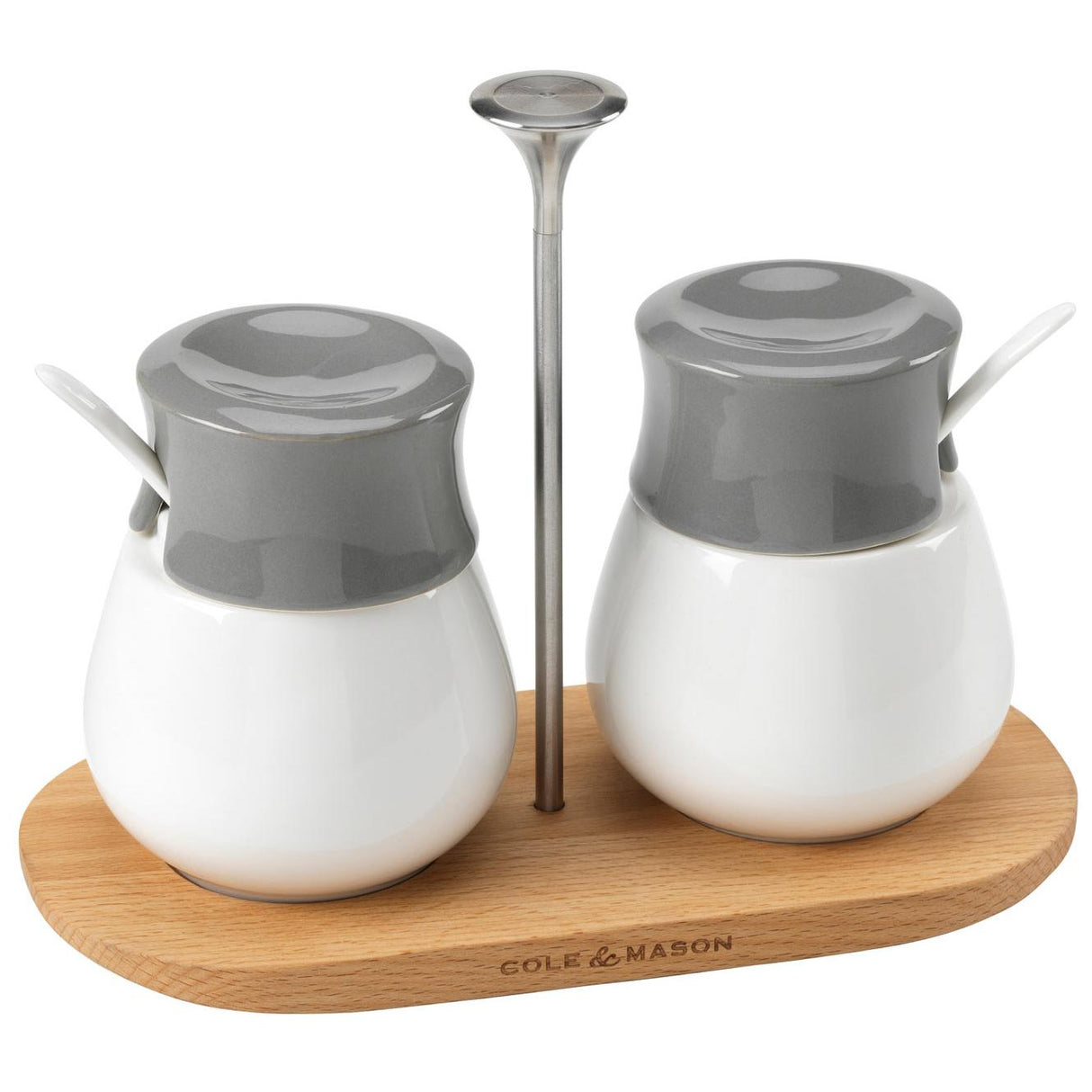 Cole & Mason 2 Ceramic Condiment Pots On Wooden Serving Tray